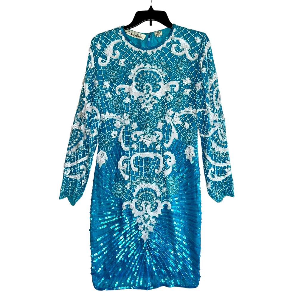 Lillie Rubin Vintage Beaded Silk Sheath Dress 80s Sequins